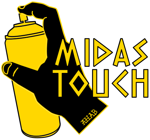 Midas Touch Logo with a hand holding a golden spraypaint can